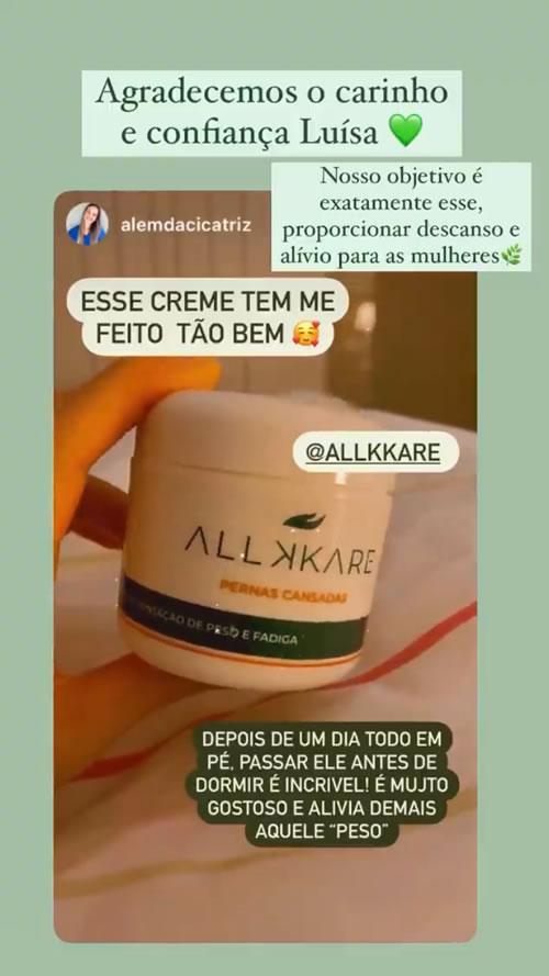 Depoimento do Creme Para Pernas Cansadas Allkkare